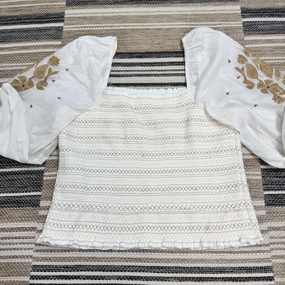 Anthropologie Women's XL White Smocked Embroidered Puff Sleeve Square Neck Top - Picture 6 of 13